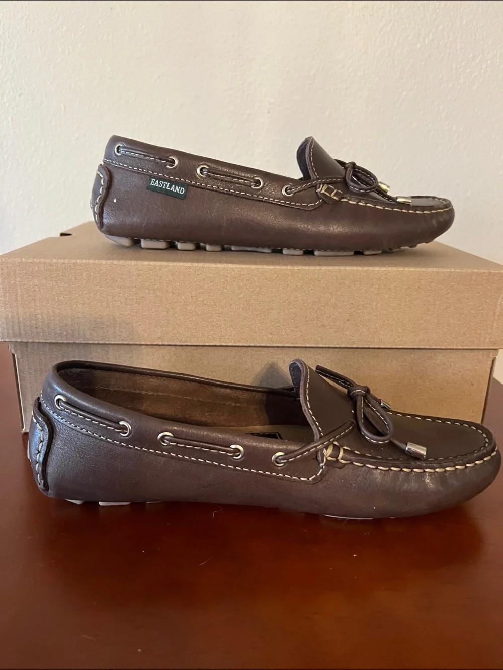 Eastland Brown Leather Slip-On Boat Shoes with Lace Tie
